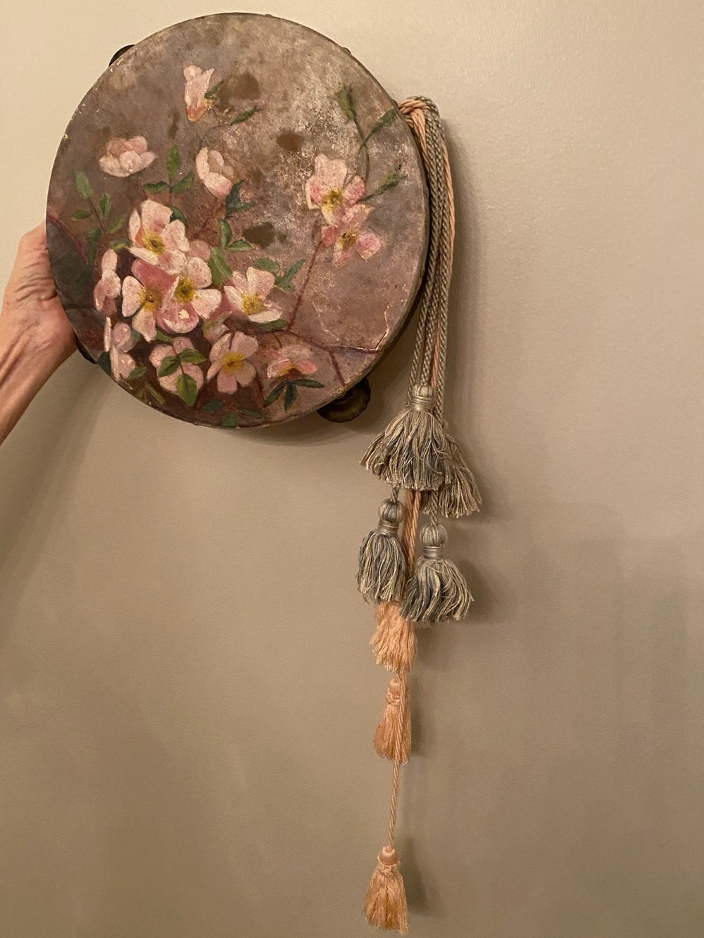 Hand-Painted Antique Tambourine with Pink/ Blue Tassels